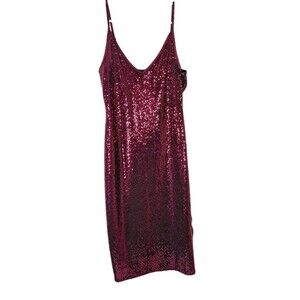 Express Med Burgundy Red Sequin Slip Dress Spaghetti Strap Holiday Party Dress